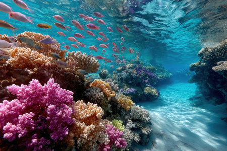A beautiful coral reef thrives in shallow, sunlit ocean watersの写真素材