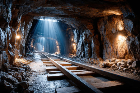 A mining tunnel with tracks and light beamsの写真素材
