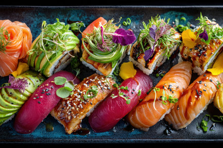 Delightful assortment of sushi displayed on a dark platter, showcasing colorful fish and artistic garnishing.の写真素材