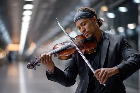 A violinist plays passionately in a blurred urban settingの写真素材