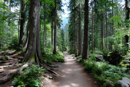 A dirt path winds through a dense forest of tall trees and lush undergrowthの写真素材