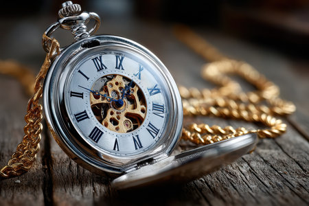 An open pocket watch with a gold chain rests on a weathered wooden surfaceの写真素材