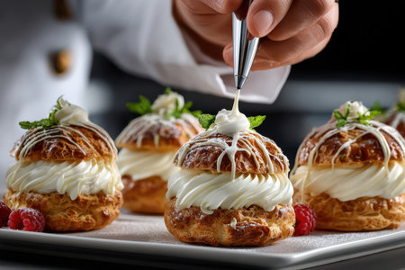 A pastry chef adds intricate details to cream-filled pastries, showcasing culinary artistry and skill.の写真素材
