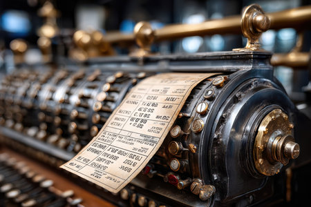 A detailed view of an antique cash register with paper receipts, capturing the charm of the past.の写真素材