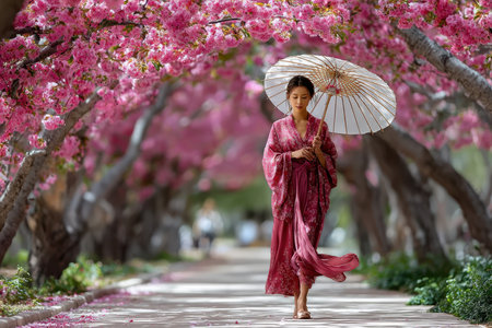 A woman dressed in a traditional kimono strolls gracefully through a path lined with blooming cherry trees.の写真素材