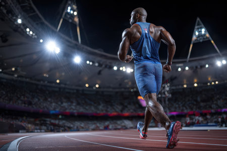 Muscular runner sprints on the track under stadium lights in a dynamic sporting event at night.の写真素材