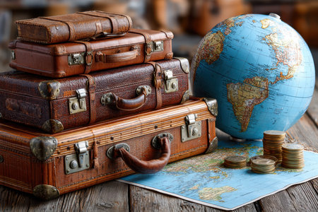 Stacked leather suitcases accompanied by a globe and coins on a world map, evoking a spirit of adventure.の写真素材