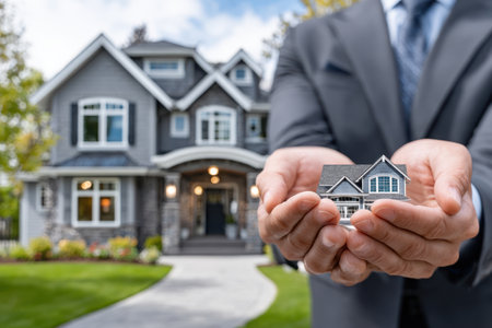 A person in a suit presents a small house model, showing it against a large home on a bright day.の写真素材