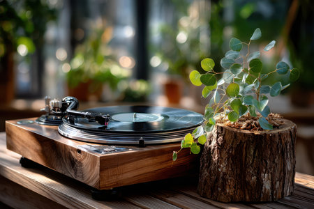 A wooden turntable sits on a table made of natural materials, accompanied by a small plant, creating a cozy atmosphere.の写真素材