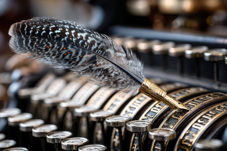 A vintage typewriter features a quill pen poised above the keys, evoking a creative spirit from the past.の写真素材