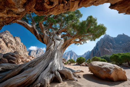 A large, gnarled tree dominates the rocky terrain, surrounded by rugged mountains and bright blue skies.の写真素材