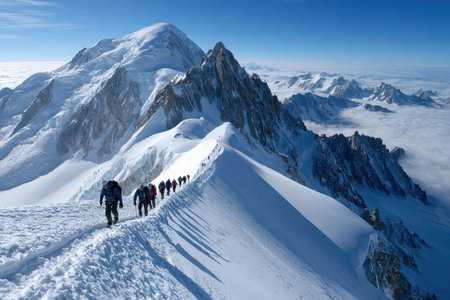 A group of mountaineers reaching the summit at sunrise, shot in a panoramic style with a wide-angle lens, ultrarealistic photo --ar 3:2 --raw --profile nk3i4wf --stylize 250 --v 7 Job ID: b302d91f-89a1-41d7-bcb0-2a73a8a04490の写真素材