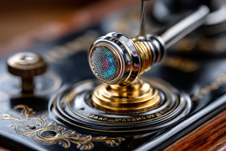 Close-up view of a vintage sewing machine's mechanism, highlighting its ornate design and colorful features.の写真素材