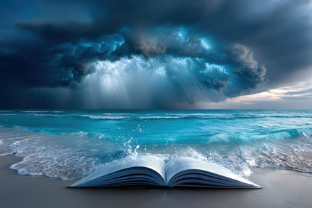A large open book lies on the sandy beach as waves crash around it and dark clouds gather overhead during sunset.の写真素材