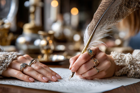 Quill pen glides over parchment as delicate hands create elegant calligraphy in a vintage atmosphere.の写真素材