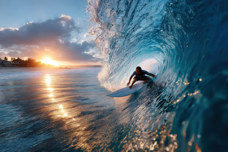 A surfer navigates a powerful wave as the sun sets on the horizon, casting golden light on the ocean.の写真素材