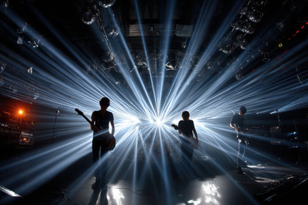 Silhouetted band playing on a dark stage under bright lightsの写真素材