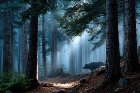A lone wolf walks through a misty forest at dawnの写真素材
