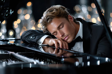 A talented musician relaxes with his head on a grand piano in a dimly lit venue filled with lights.の写真素材