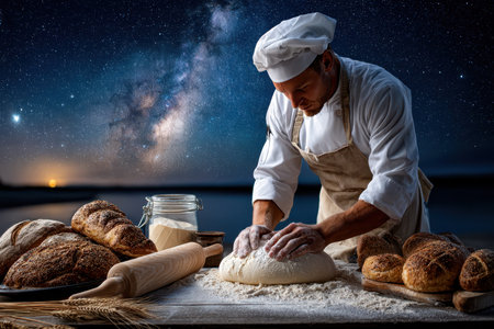 A baker works tirelessly, kneading dough at night while fresh loaves of bread surround him beneath the stars.の写真素材