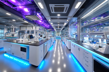 A brightly lit, modern laboratory interior with advanced equipmentの写真素材