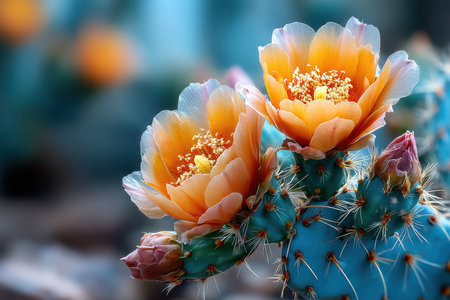Closeup of a blue cactus with two blooming orange flowersの写真素材