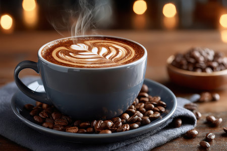 A steaming cup of latte with latte art sits on a saucer with coffee beansの写真素材