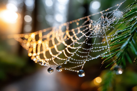 A spider web covered in glistening dewdrops in morning sunlightの写真素材