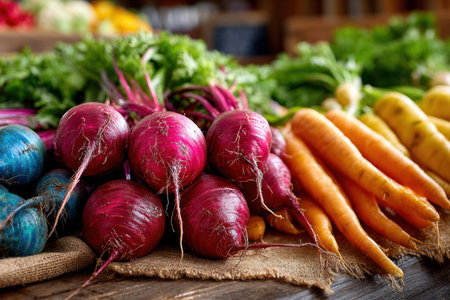 Fresh root vegetables, including beets, carrots, and parsnips, displayed on burlapの写真素材