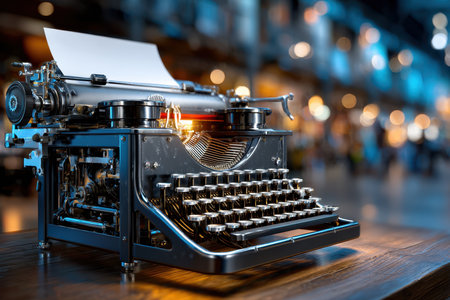 A close-up of a vintage typewriter with a blank page, under a single source of warm light, shot with a macro lens, symbolizing the daunting task of the blank pageの写真素材