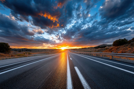 An empty highway stretches towards a vibrant sunset under a dramatic cloudy skyの写真素材