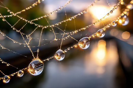 Closeup of dewdrops clinging to a spider web at sunriseの写真素材