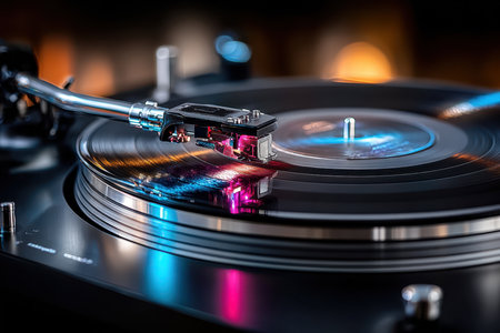 A vinyl record spins on a turntable, illuminated by colorful lightsの写真素材