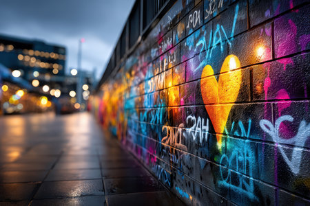 A colorful graffiti heart on a brick wall along a wet city sidewalk at duskの写真素材
