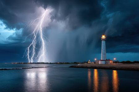 A lighthouse stands tall against a stormy night sky with dramatic lightning strikesの写真素材