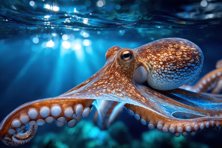 An octopus swims gracefully in the deep blue oceanの写真素材