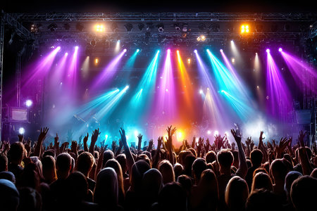 Large crowd with raised hands enjoying a concert with colorful stage lightsの写真素材