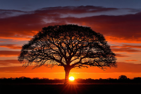 A lone tree is silhouetted against a vibrant orange and red sunset skyの写真素材