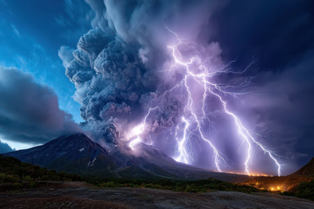 A volcano erupts at night, illuminated by dramatic lightning strikesの写真素材