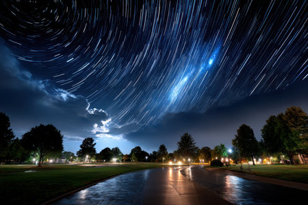 Star trails illuminate a wet park path at nightの写真素材