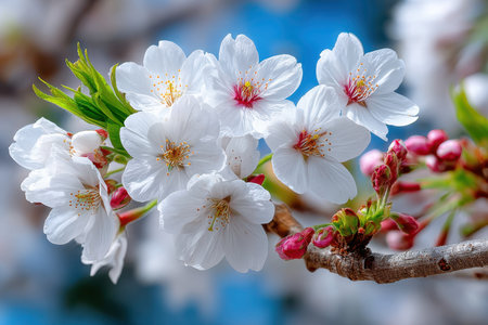 Closeup of delicate white cherry blossoms on a branchの写真素材