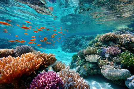 Colorful coral reef teeming with fish in clear blue waterの写真素材