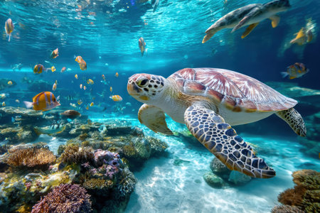 A sea turtle swims gracefully through a vibrant coral reef teeming with colorful fishの写真素材