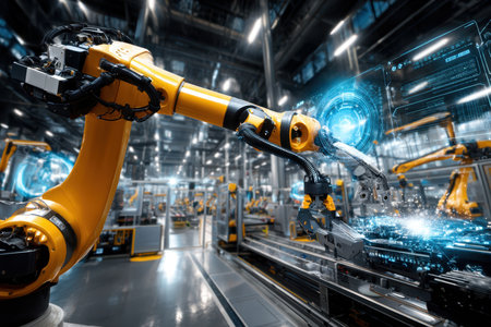 A robotic arm operates machinery in a modern factory, utilizing futuristic digital interfaces and advanced automation technologyの写真素材