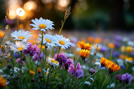 Colorful wildflowers bloom in a meadow at sunsetの写真素材
