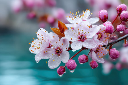 Closeup of delicate pink and white blossoms with water drops on petals and budsの写真素材