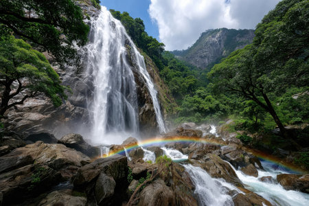 A waterfall cascades down a rocky cliff into a stream, creating a rainbowの写真素材