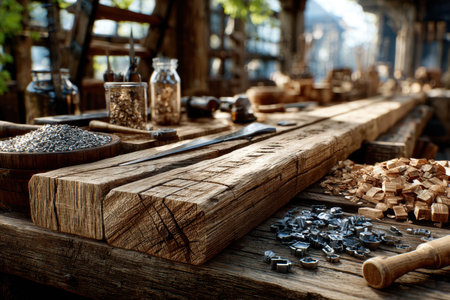 Woodworking tools and materials arranged on a workbench in a workshopの写真素材