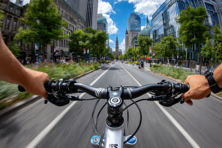 A cyclist rides down a city street, motion blur evident in the imageの写真素材