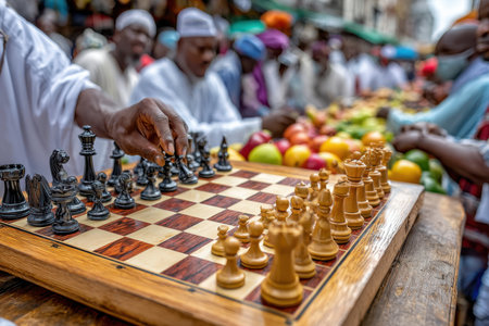 A hand moves a chess piece on a wooden board while players and market vendors surround the vibrant scene.の写真素材